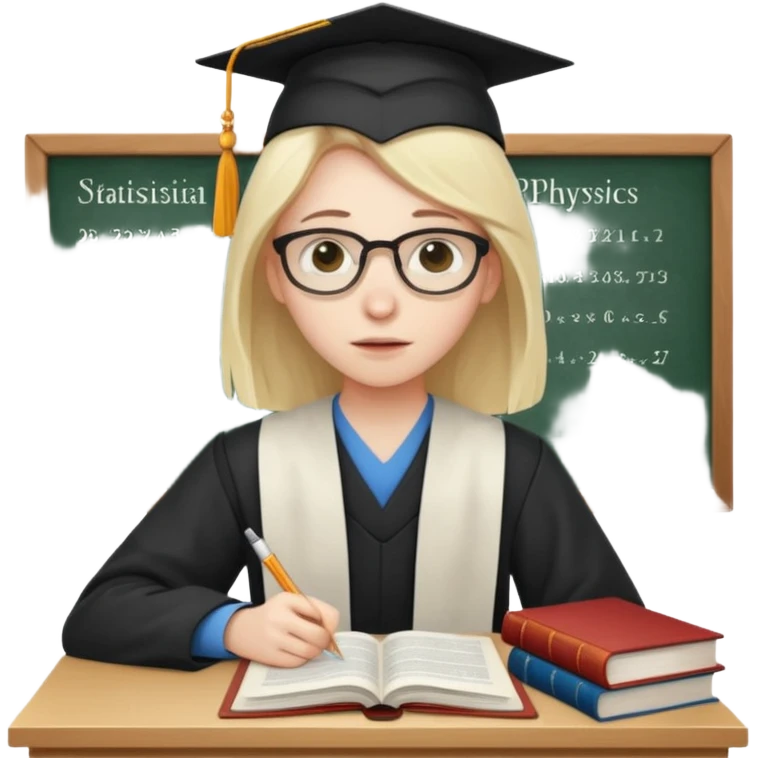 A very exhausted graduate student studying statistical physics. With some books on statistical physics, and a lot of papers, and computers emoji