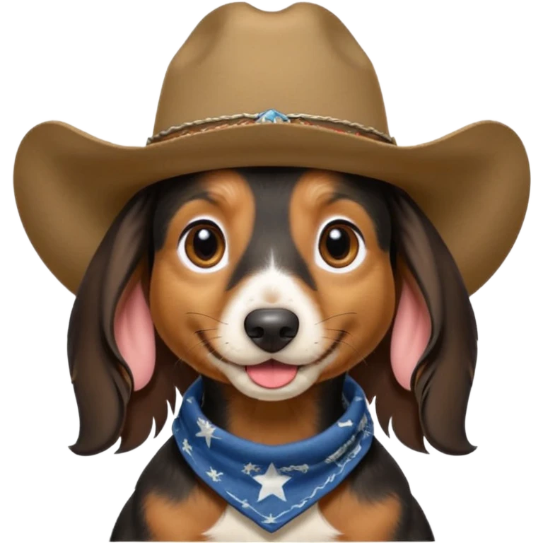 mostly black with some brown long hair daschund with a cowboy hat, ears curl out a bit and bandana and tongue slightly out emoji