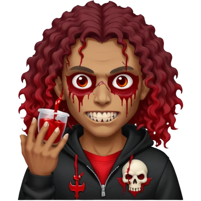 Vampire wearing black hoodie with a skull logo on it, long curly hair, brown skin, fanged teeth, blood under eye sockets/forehead, piercings on eyebrows, long curly hair with a patch (section) of red and blood on hands emoji