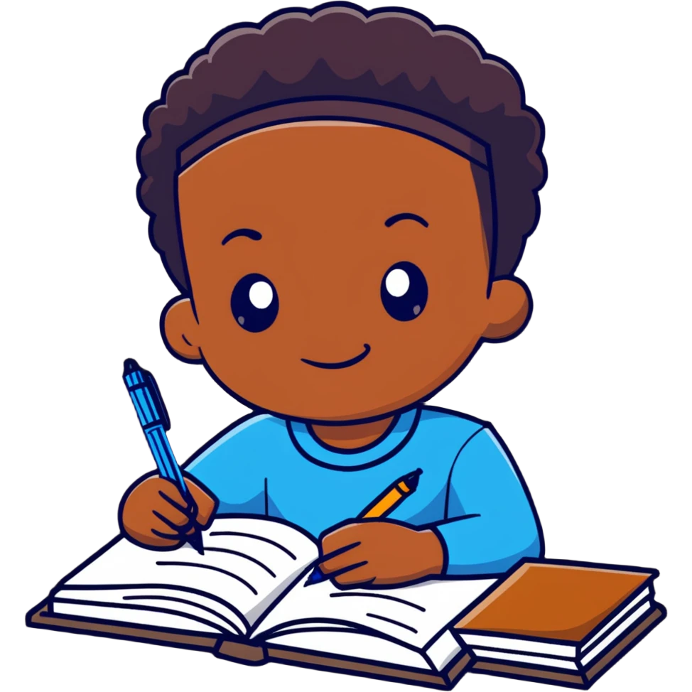 African boy student with brown skin writing with book and pen emoji
