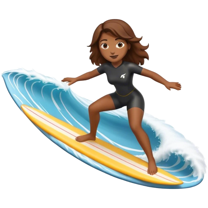 Woman with brown hair surfing wave in 3d emoji