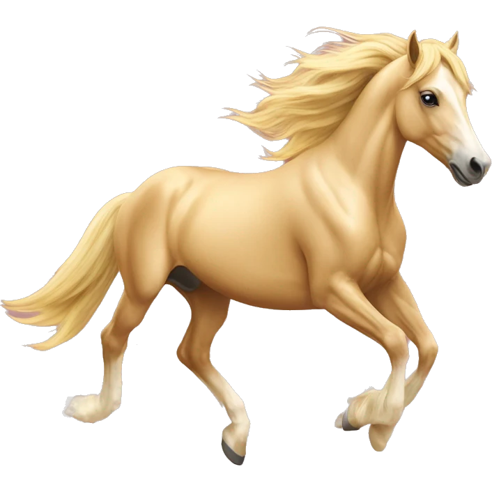 Yellow palomino horse with long flowing mane galloping with prosthetic leg, slender horse, solid yellow horse, running, galloping with prosthetic leg, pretty horse, horse with piebald foal emoji