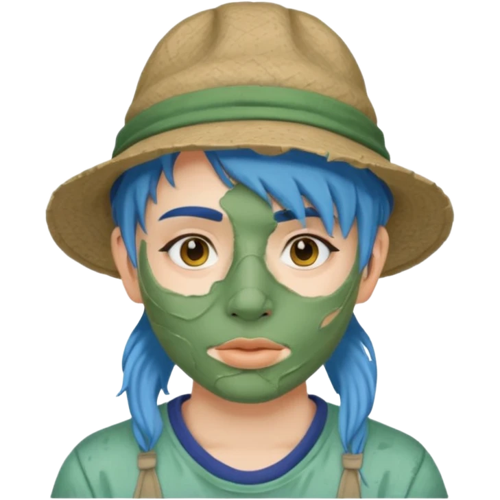 messy green full face clay mask and tourist hat blue hir emoji