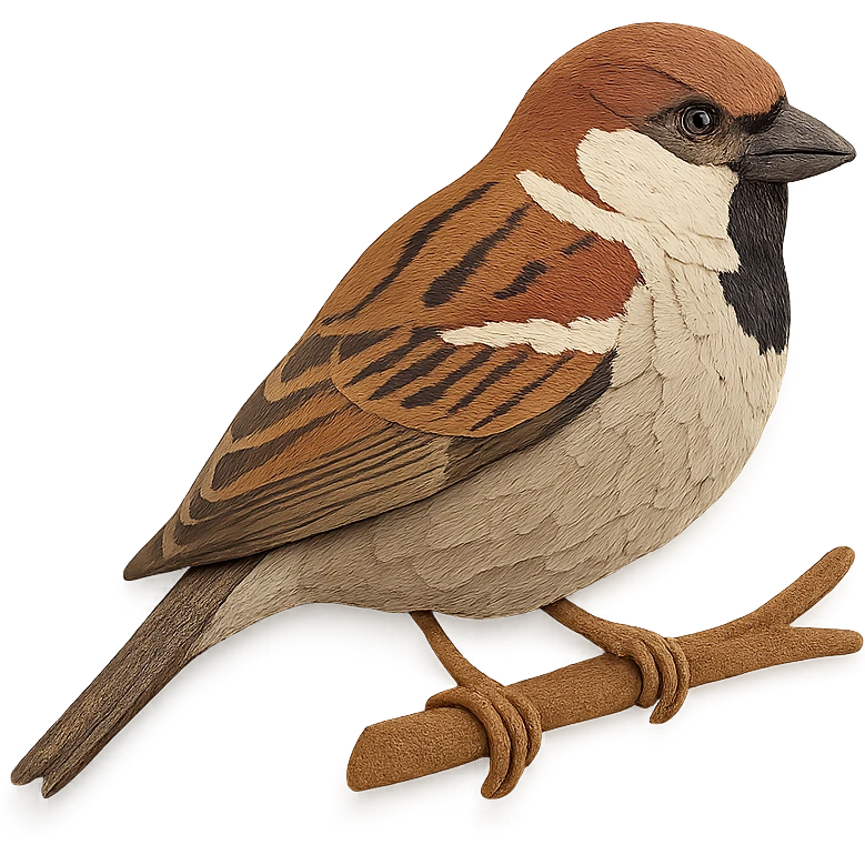 very detailed house sparrow perched on a tree branch, intricate cut paper textures, brown and gray feathers, realistic markings emoji
