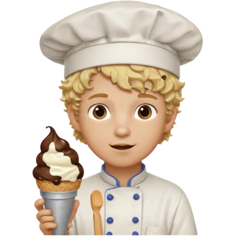 boy blonde curly hair, chef, eating chocolate ice cream emoji