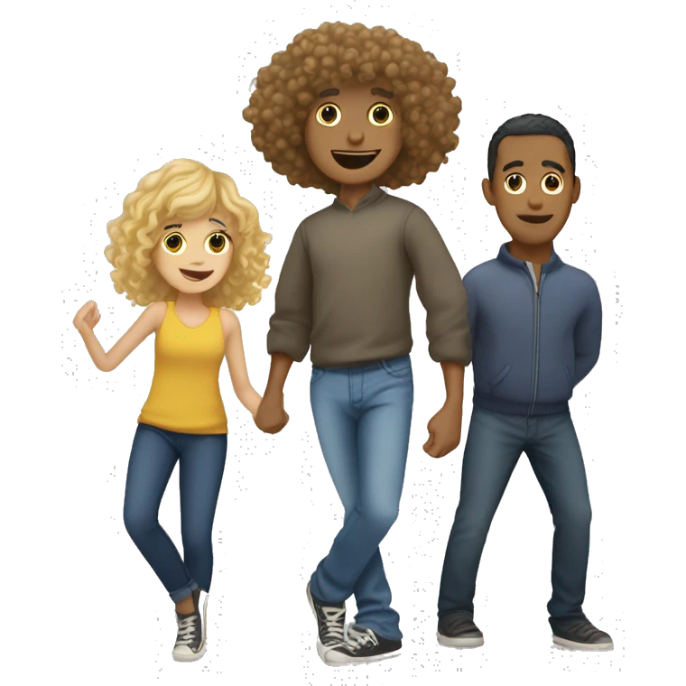 a tall blond man, a biracial girl with bangs, and a biracial man with curly hair on top dancing emoji