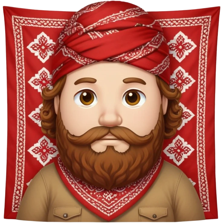 White chubby guy with big beard wearing a red patterned bandana atop curly brown hair  emoji