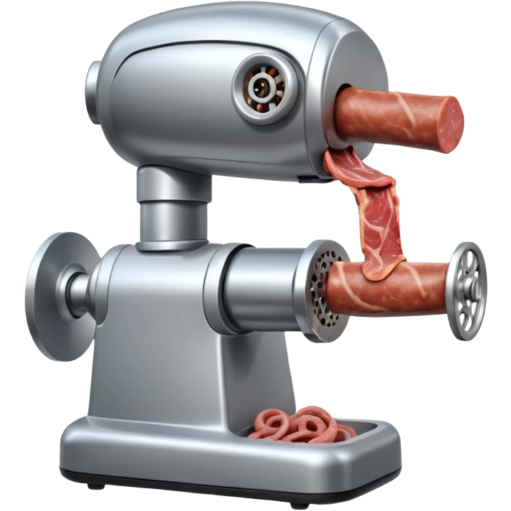 a robot that has a meat grinder for a head. 2 arms that stuff meat into the meat grinder and sausage links come out of the rear. The robot hovers. shoves meat into its mouth to grind emoji