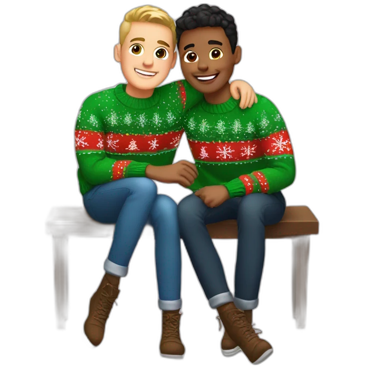 young gay couple in christmas sweathers sitting emoji