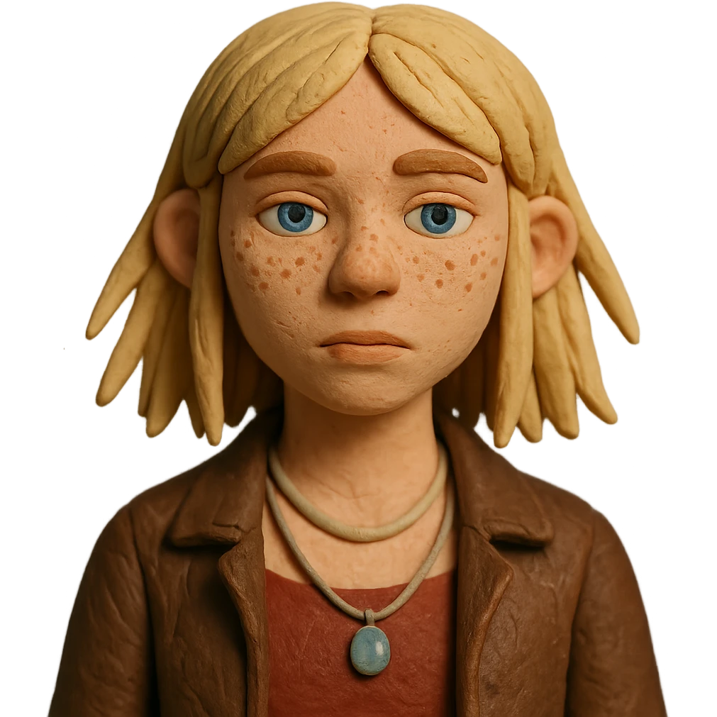 14-year-old girl with choppy blonde layers, armpit length, shortest at mouth, middle part, light freckles, blue eyes, defined cupid's brow, tight dark red top, brown leather jacket, necklaces emoji