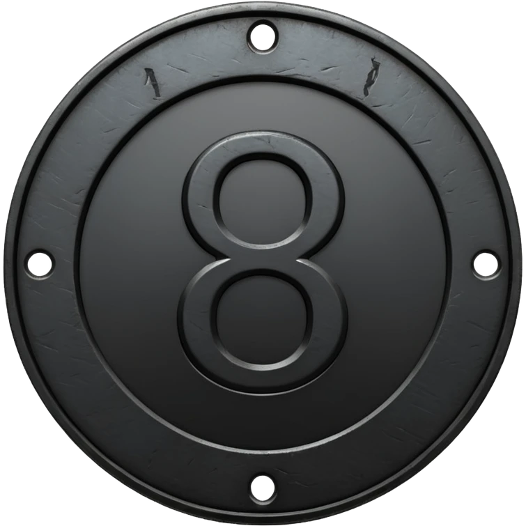 Minimal emoji, gothic metal coin made of black steel, engraved number 8 at the center, ancient industrial aesthetic, worn metal texture, no glow, no neon, flat emoji design, centered, transparent background emoji