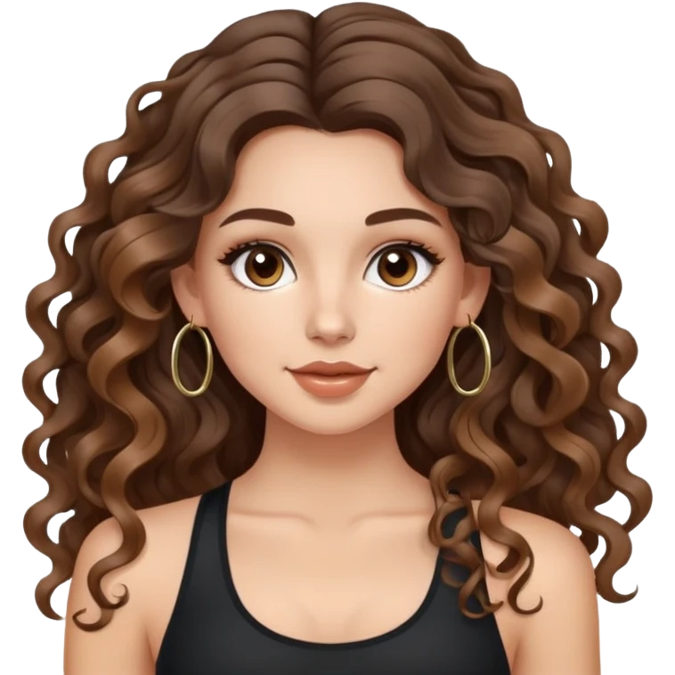 cute girl with not volominous VERY LONG curly/wavy brunette hair with balayage, brown eyes, full lips, natural clean girl makeup and hoop earrings white girl:  DOING PILATES emoji