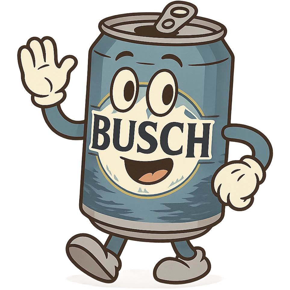 a can of Busch beer, cartoon style, blue and silver colors, playful look, mountain landscape on the label emoji
