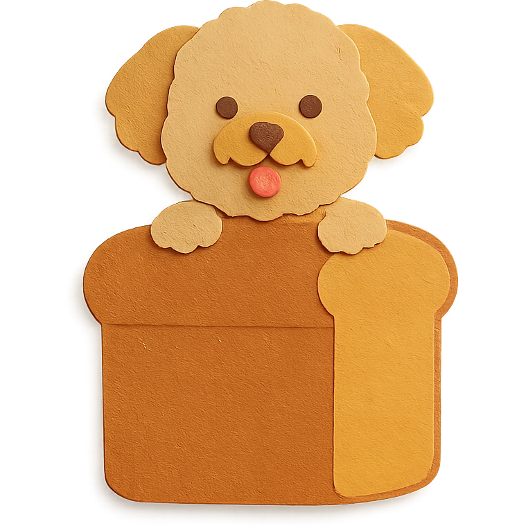 warm beige fluffy bread maker dog, peeking from a bread loaf, cheerful, full-body emoji