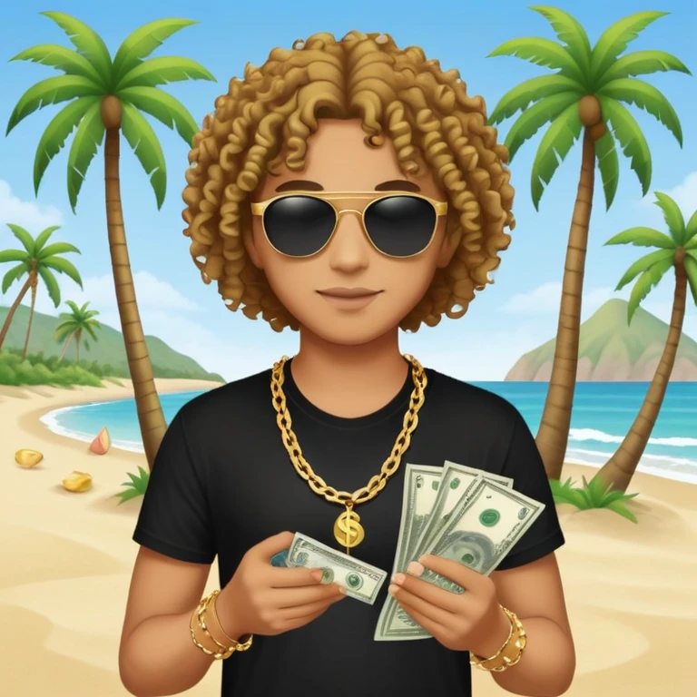 Mixed-race person with curly hair, black t-shirt, gold chain necklace, holding dollar bills in both hands, wearing black sunglasses, beach with palm trees in background emoji