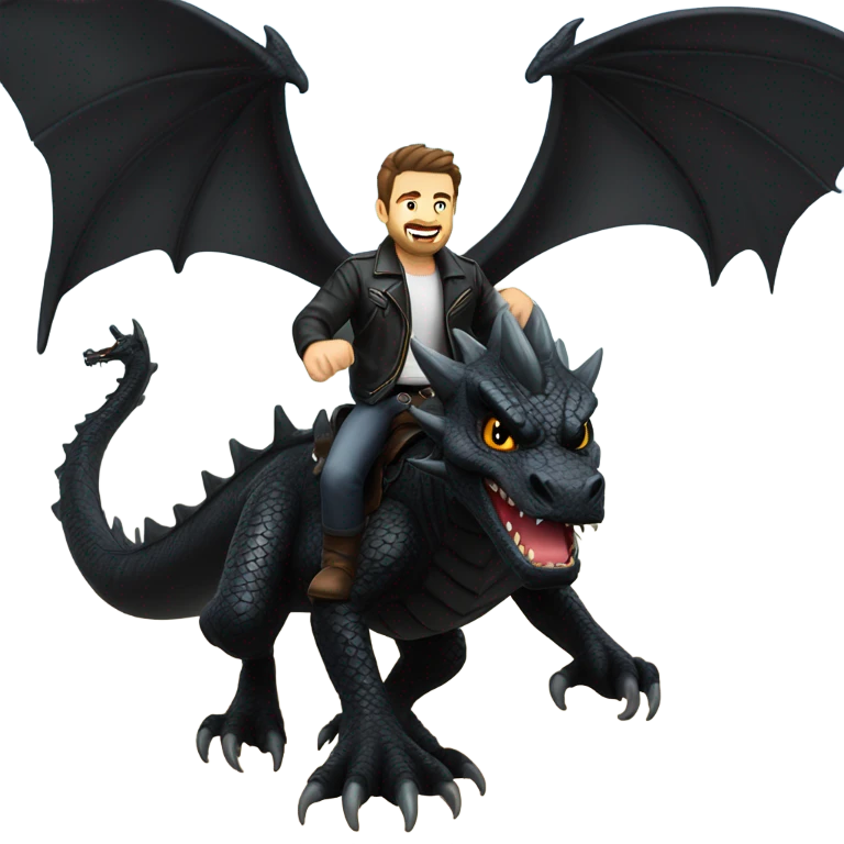 Confident White Man with dark brown hair and a short beard wearing black leather jacket and pants riding on the back of a giant black dragon emoji