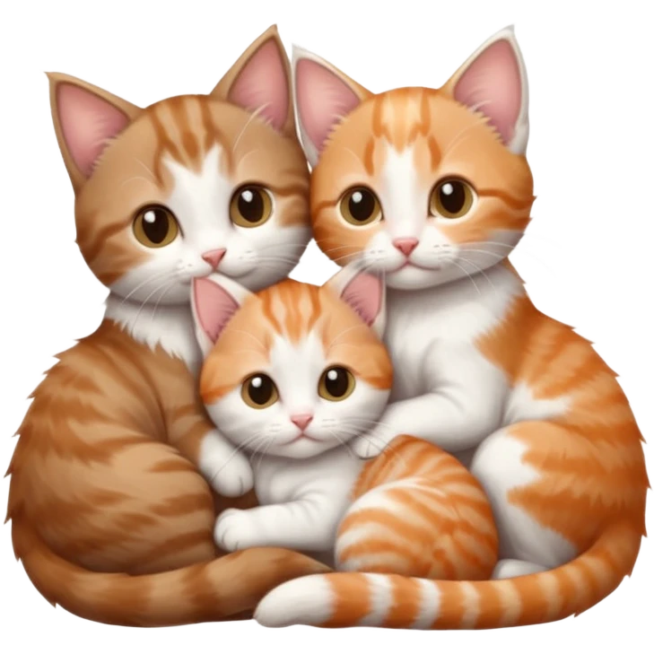 3 tiny kittens cuddling together all different colours, the first one is grey and white, the second is ginger and white and the third is brown tabby and white emoji