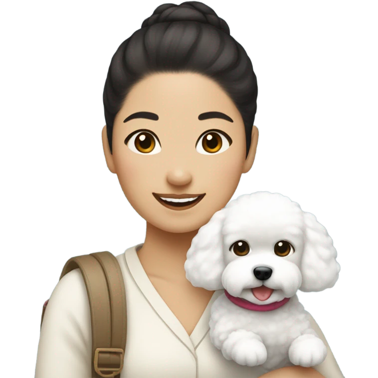 Hair-in-a-bun traveling Asian woman carrying a happy and cute bichon frise emoji