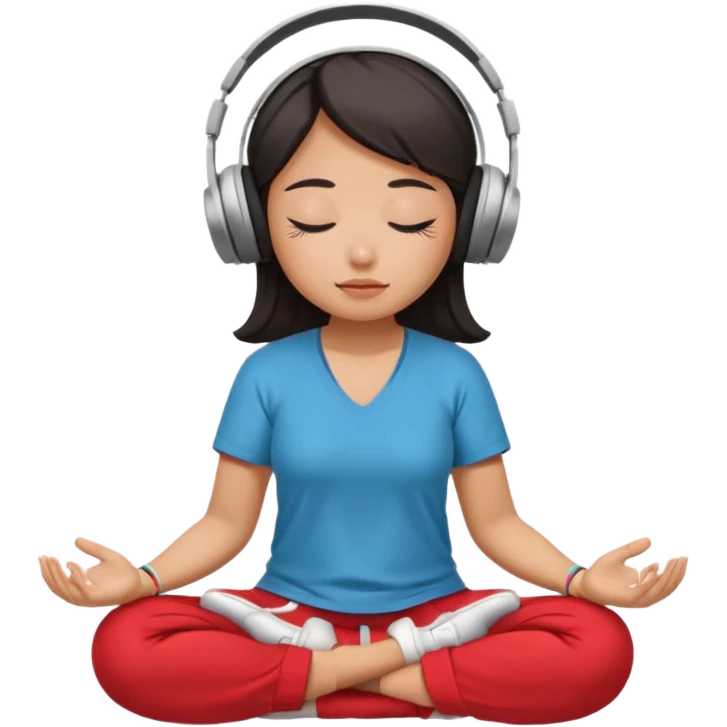 An East Asian woman🧘🏻‍♀️ is sitting cross-legged in a meditation pose, wearing Apple headphones🎧 and listening to music. The song is so beautiful that she has her eyes closed and tears streaming down her face. emoji