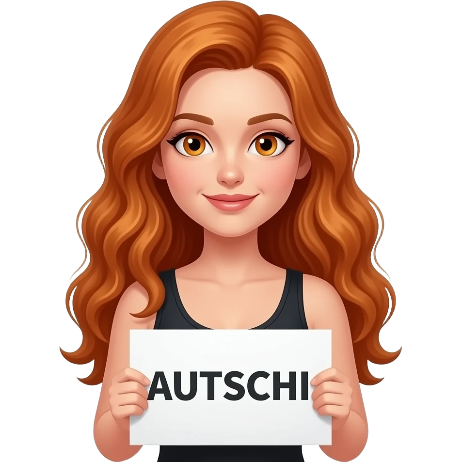 sexy girl with long wavy ginger hair and ginger eyes wearing a black tanktop is holding a white colored sign with AUTSCHI written on it emoji