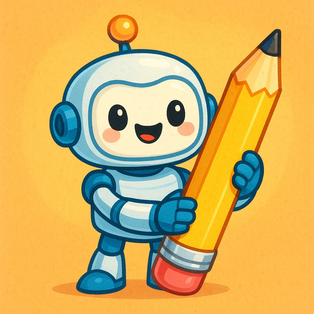 a cute robot holding a pencil, cheerful, for a writing assistant emoji