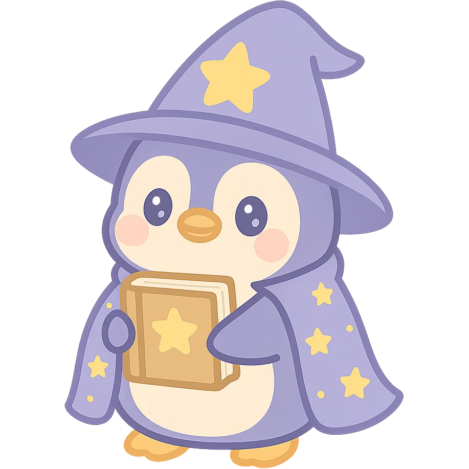 a cute penguin wizard holding an ancient book with a starry cloak emoji