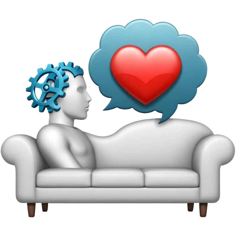 An icon featuring a human head silhouette with gears and a heart inside, symbolizing psychology. The design includes a therapy couch and a speech bubble, representing mental health and communication. Transparent background highlights the study of the human mind and behavior. emoji
