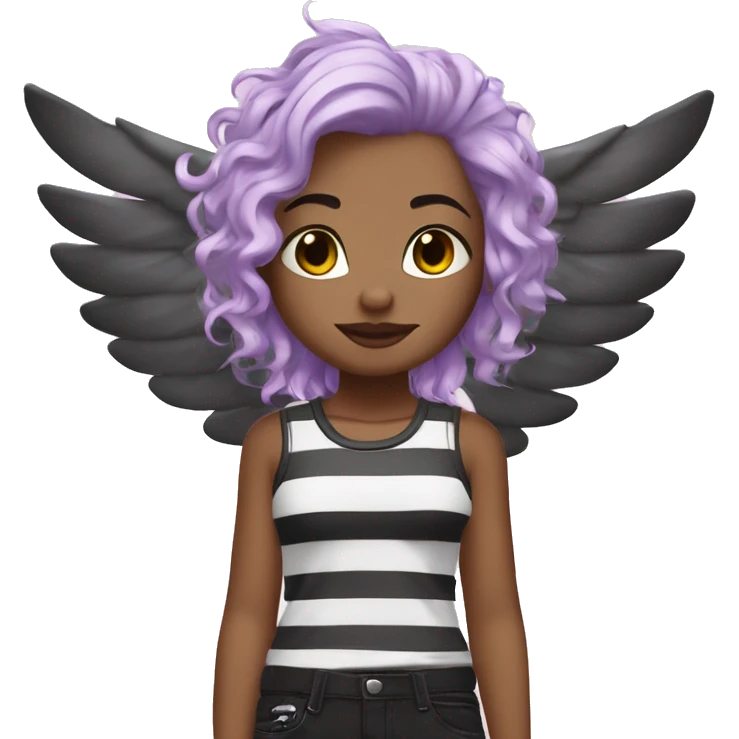 Lili has a heavenly style with a punk touch: lilac hair, short and messy, black and white striped t-shirt, pink pants, laurel wreath, majestic wings. emoji