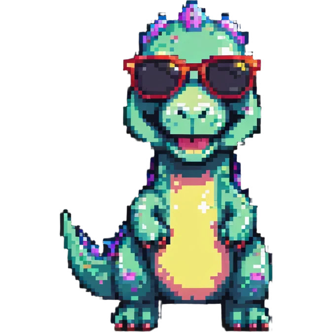 dinosaur with sunglasses in pixel art style emoji