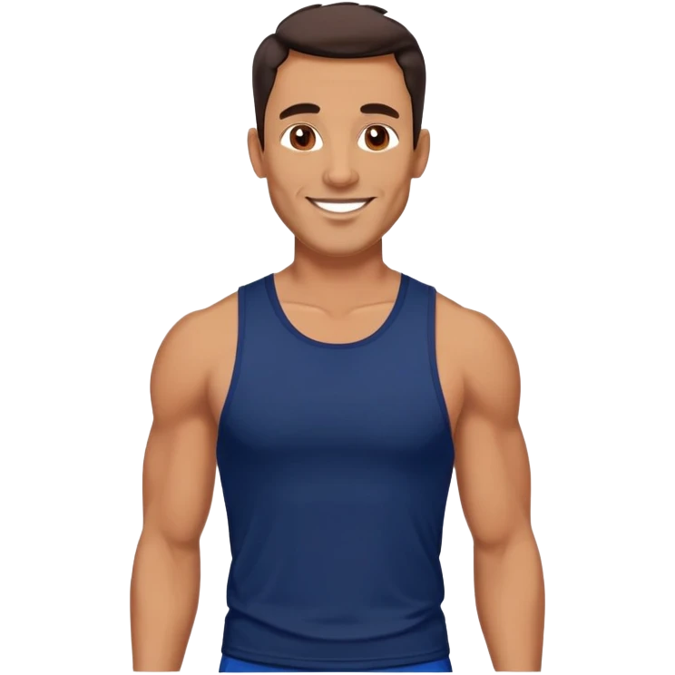 Athletic 40-year-old man with tanned light brown skin. Elongated face with defined jawline. Confident smile. Medium dark eyes, arched eyebrows. Straight nose. Wavy dark hair in a modern cut. Wearing a navy blue tank top showing fit physique. emoji