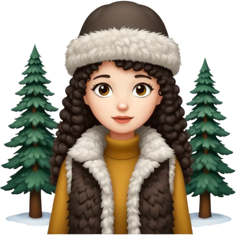 "A girl with curly dark hair 👩🏻‍🦱, wearing a fur hat 👒🦊 and a fur vest 🧥, standing in the snow ❄️ with pine trees 🌲 in the background. Minimalistic emoji style." emoji