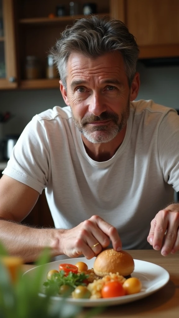 Uomo sui 35 anni in cucina, con espressione affaticata e spenta, guarda un piatto con pochissimi carboidrati (solo qualche verdura e proteine). Accanto a lui, fogli con una dieta rigida e una scritta visibile: 'Carboidrati troppo bassi'. emoji
