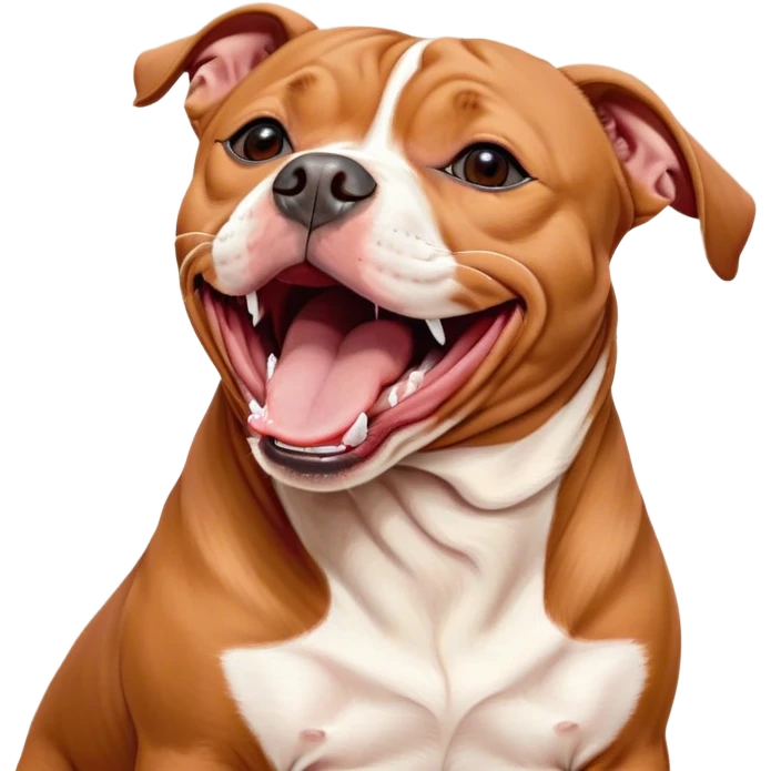 Cinematic Cute Yawning Red/Fawn Staffordshire Bull Terrier Portrait Emoji, Head tilted slightly with a dramatic, wide-open yawn, showcasing a smooth red/fawn Fur with crisp white accents, floppy ears slightly drooping, round dark eyes barely open in drowsy contentment, Simplified yet irresistibly adorable features, highly detailed, glowing with a soft, cozy glow, high shine, relaxed yet expressive, stylized with a touch of whimsy, bright and endearing, soft glowing outline, capturing the essence of a sleepy yet affectionate guardian, so drowsy it feels like it could stretch right out of the screen and curl up for a nap! emoji