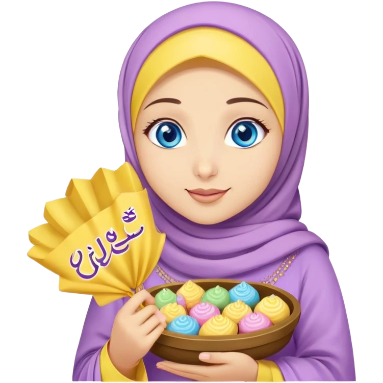 Turkish beautiful finish Konya girl blue eyes with lila yellow hijab islamic dress and had on her hand text Eid Mubarak with sweets and celebrating with her friends eid days   emoji