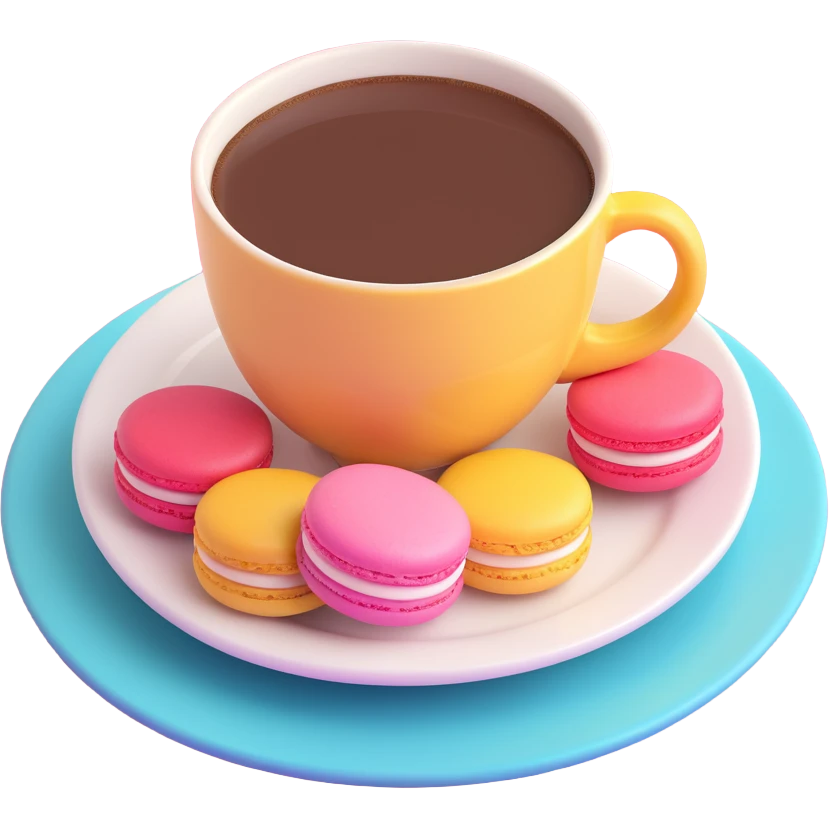 A cup of coffee on a plate with colorful macarons, in 3D iOS emoji style, soft gradients, glossy finish, no background. emoji