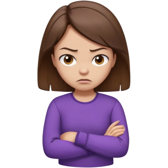 Angry Pouty girl with small squinted eyes folding arms in a purple longsleeve shirt she has fair skin and brown hair emoji