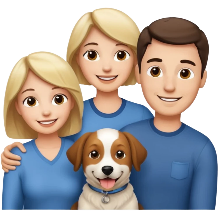 a mom and dad standing in front of a house with their son and a dog next to them (1 dog) and 1 SON not daughter emoji