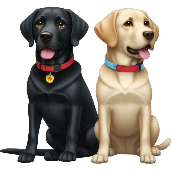 black-coloured labrador on the left with red collar, black-coloured labrador on the right with light blue collar. emoji