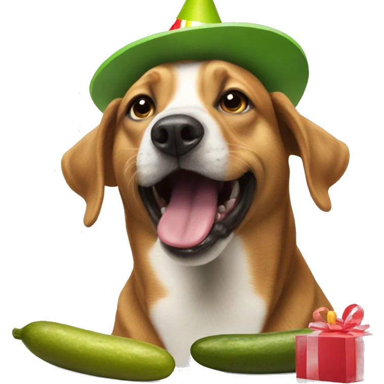 A dog wearing a birthday hat and eating a pickle emoji
