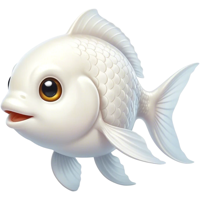 Cinematic Cute White Goldfish Portrait Emoji, Head tilted playfully and inquisitively, featuring a glossy, pure white body with delicate, shimmering scales and round, sparkling pale eyes filled with curiosity, Simplified yet irresistibly adorable features, highly detailed, glowing with a warm, friendly glow, high shine, affectionate and lively, stylized with a touch of whimsy, bright and endearing, soft glowing outline, capturing the essence of a mischievous yet loving goldfish, so playful it feels like it could swim out of the screen and into your heart! emoji