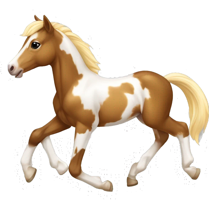 Piebald tricolor palomino yellow brown horse foal with dark brown splotches white patches baby running emoji