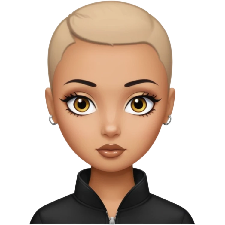 russian features, black black black buzz cut, beauty,  hair, tan skin,  eyes, pretty eyes, black eyeliner, pretty bratz baddie emoji