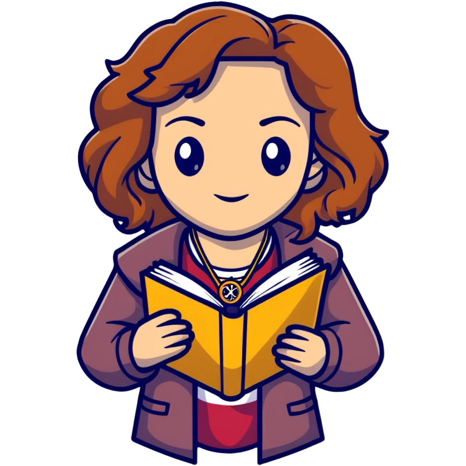 Hermione Granger with books and a time turner necklace emoji
