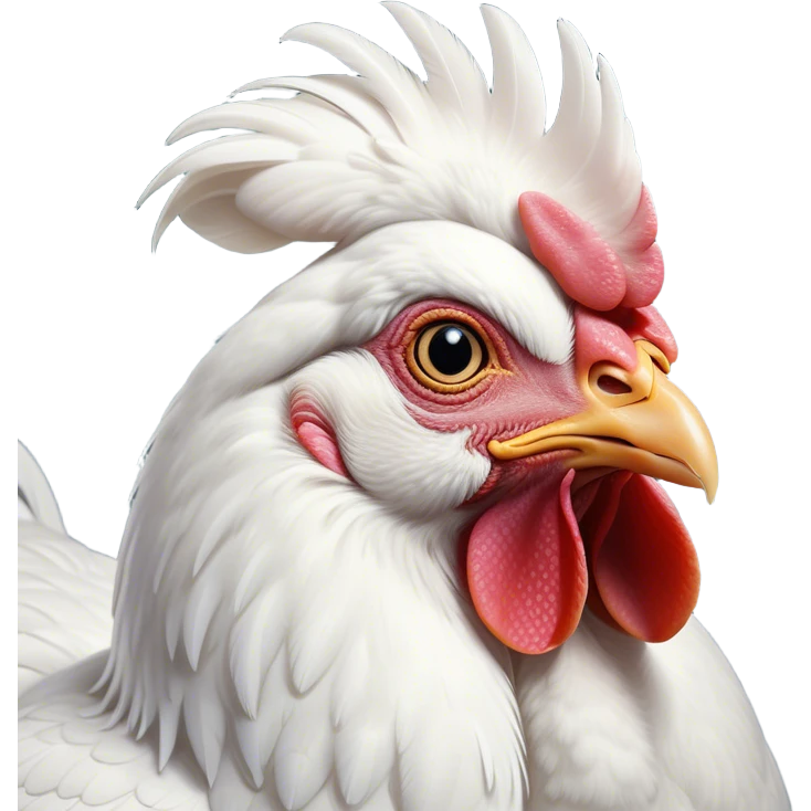 Cinematic Noble White Chicken Portrait Emoji, Poised and regal, with a compact, sturdy build and a pristine, well-groomed pure white plumage, deep-set soulful beady eyes, Simplified yet sharp and sophisticated features, highly detailed, glowing with a soft, dignified glow, high shine, intelligent and alert, stylized with an air of barnyard elegance, focused and attentive, soft glowing outline, capturing the essence of a watchful and confident fowl, so majestic it feels as though it could strut out of the screen with effortless authority! emoji
