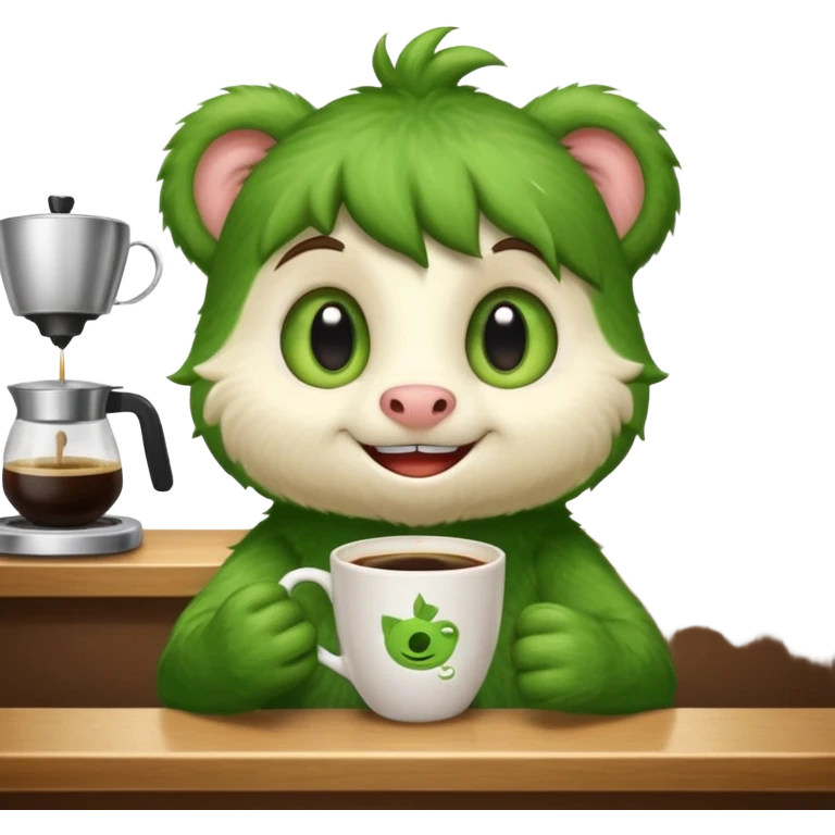Cut the Rope's Om Nome in barista's suite with a cup of cofee emoji