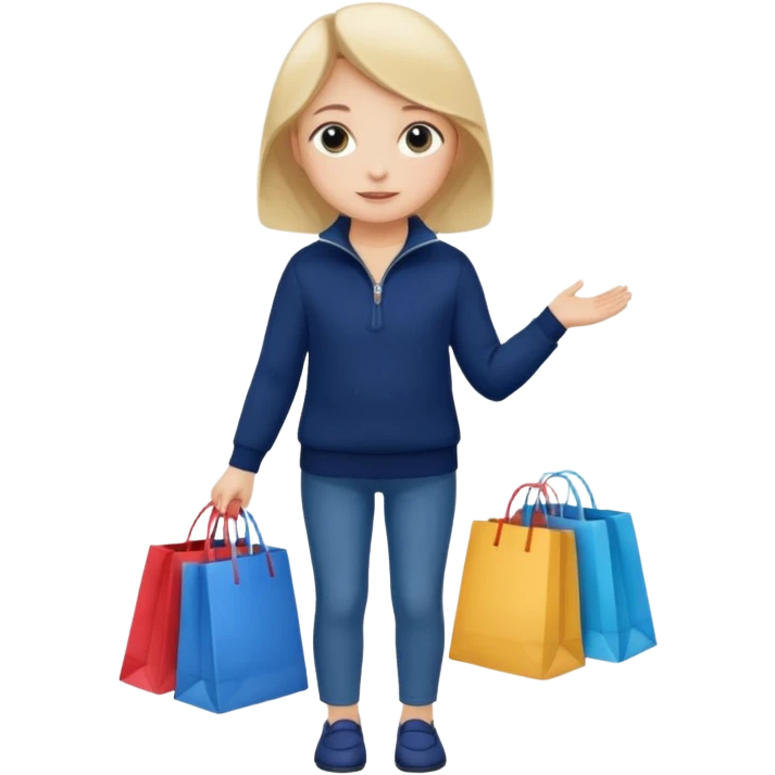 A little girl (he usually calls her baby), who is obsessed with shopping and luxury brands and holds a dozen of bags, she wears navy blue half zip sweater and holds 10 bags emoji