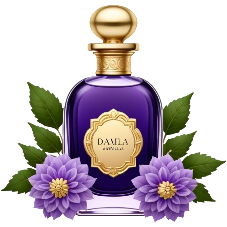 A dark amethyst vintage French-style perfume bottle with intricate golden detailing rests elegantly on an antique vanity. Surrounding it, delicate periwinkle dahlias and soft lavender sprigs add a touch of romantic charm. The glass reflects a warm glow from a nearby candle, enhancing its deep violet hues. The scent of aged vanilla and floral notes lingers in the air, evoking an aura of timeless elegance. emoji