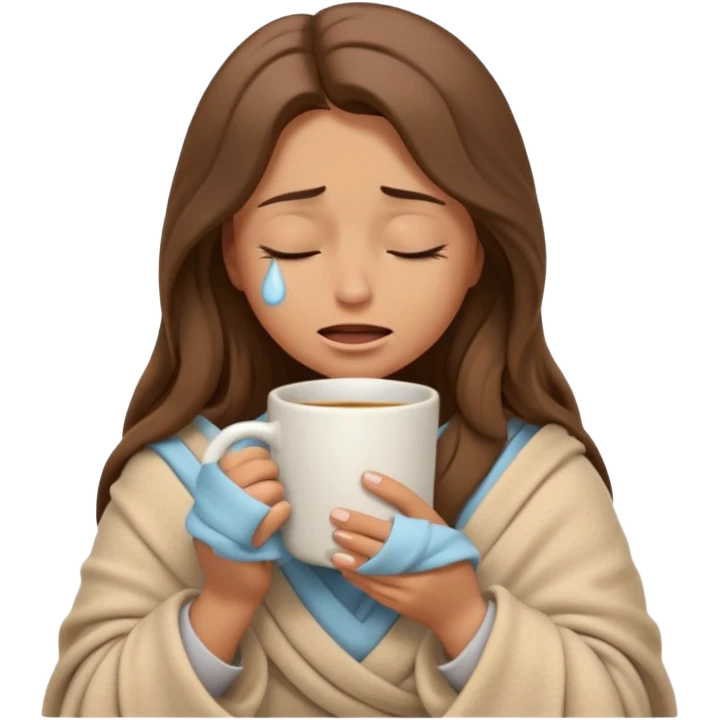 emoji-style illustration of a crying relaxed woman with long wavy brown hair, wrapped in a cozy beige blanket, holding a mug cup, eyes closed, sad and a bit anxious expression, soft 3D cartoon rendering, warm and comforting mood, plain background
 emoji