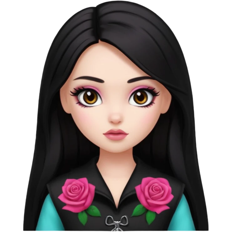 pale skin, girly bratz baddie, beautiful dark brown eyes, pretty makeup, long dark black straight hair, girly rose clothes emoji