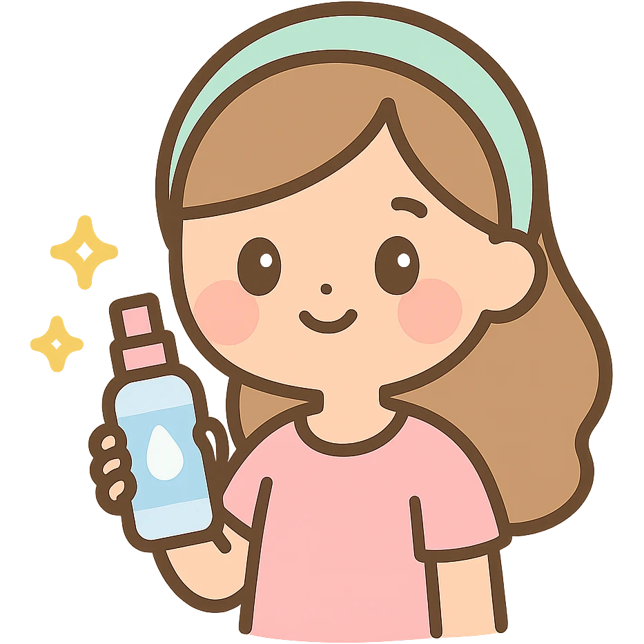 girl holding a face mist bottle, glowing skin, simple background, skincare vibe emoji